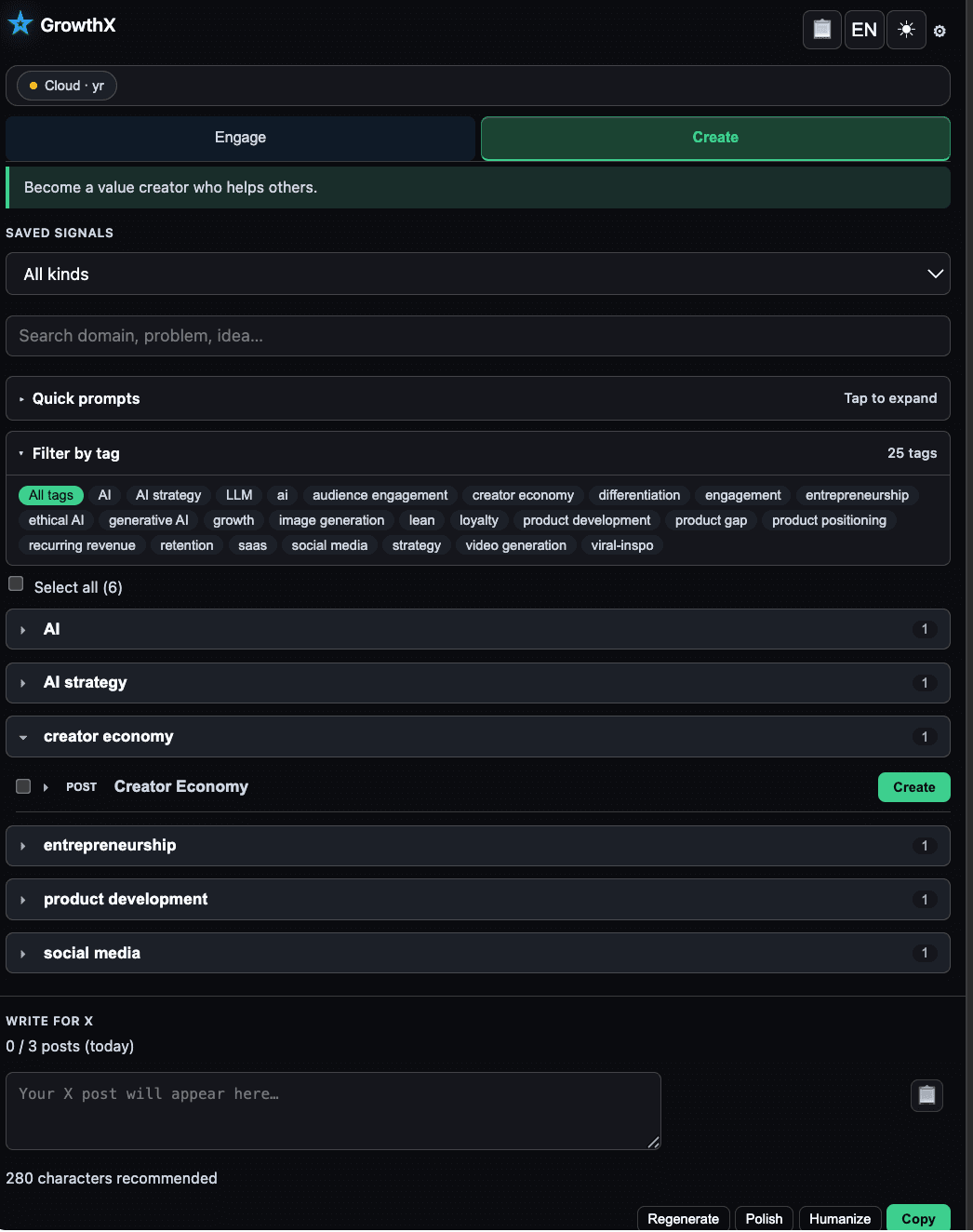 Filter saved posts, draft from the panel